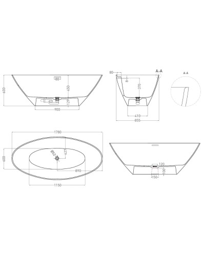 Ванна из литьевого мрамора 178x85,5 см Salini S-Sense Diva, покраска по RAL полностью 102211GRF
