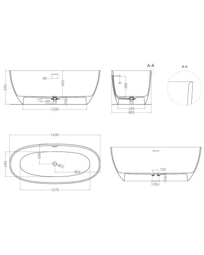 Ванна из литьевого мрамора 160x80 см Salini S-Stone Alda, покраска по RAL полностью 101923MRF