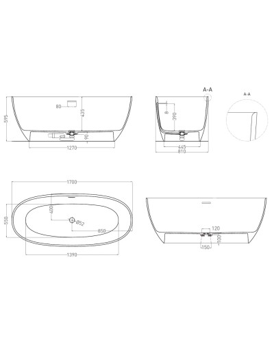 Ванна из литьевого мрамора 170x81 см Salini S-Sense Alda, покраска по RAL полностью 101912GRF