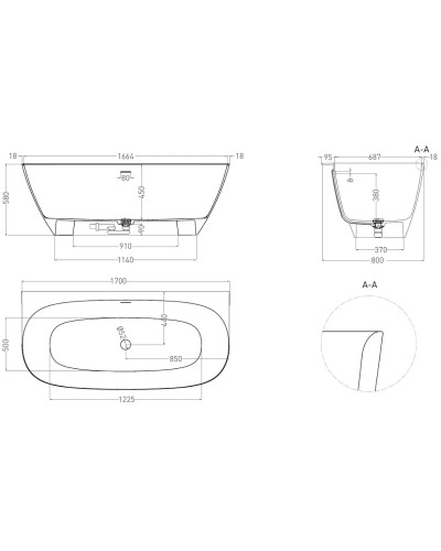 Ванна из литьевого мрамора 170x80 см Salini S-Sense Sofia Wall, покраска по RAL полностью 102512GRF