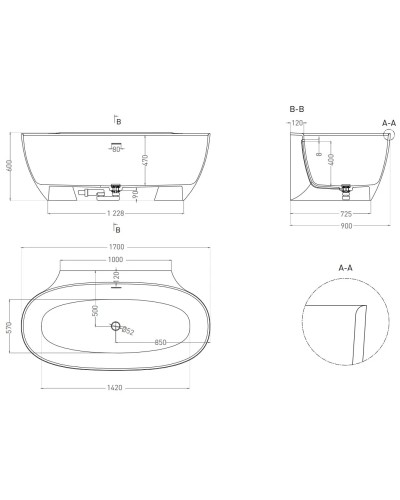 Ванна из литьевого мрамора 170x90 см Salini S-Stone Alda Wall, покраска по RAL полностью 101925MRF