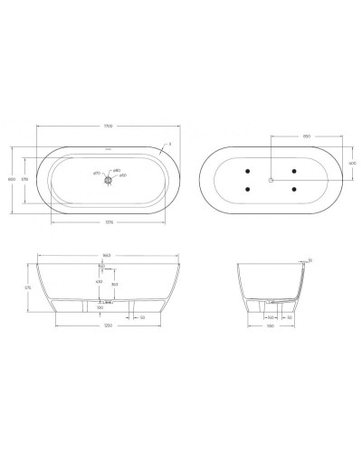 Ванна из искусственного камня Solid Surface 1700х800х570 CEZARES CZR-RELAX-170-80-57-SSB