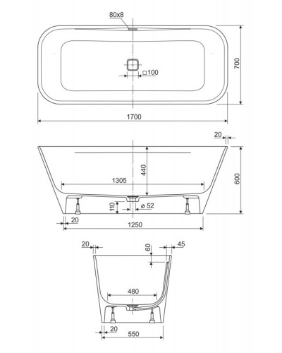 Ванна из литьевого мрамора CEZARES TITAN-SQUARE-170-70-57